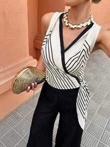 女士优雅V领裹身条纹印花系带衬衫，春夏休闲款 - 彩色 - 查看 3