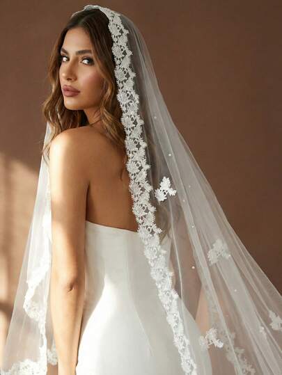 1pc White Lace Beaded Bridal Veil, Cathedral Length, Suitable For Wedding, Wedding Photography Accessory, No Comb, Can Cover Face