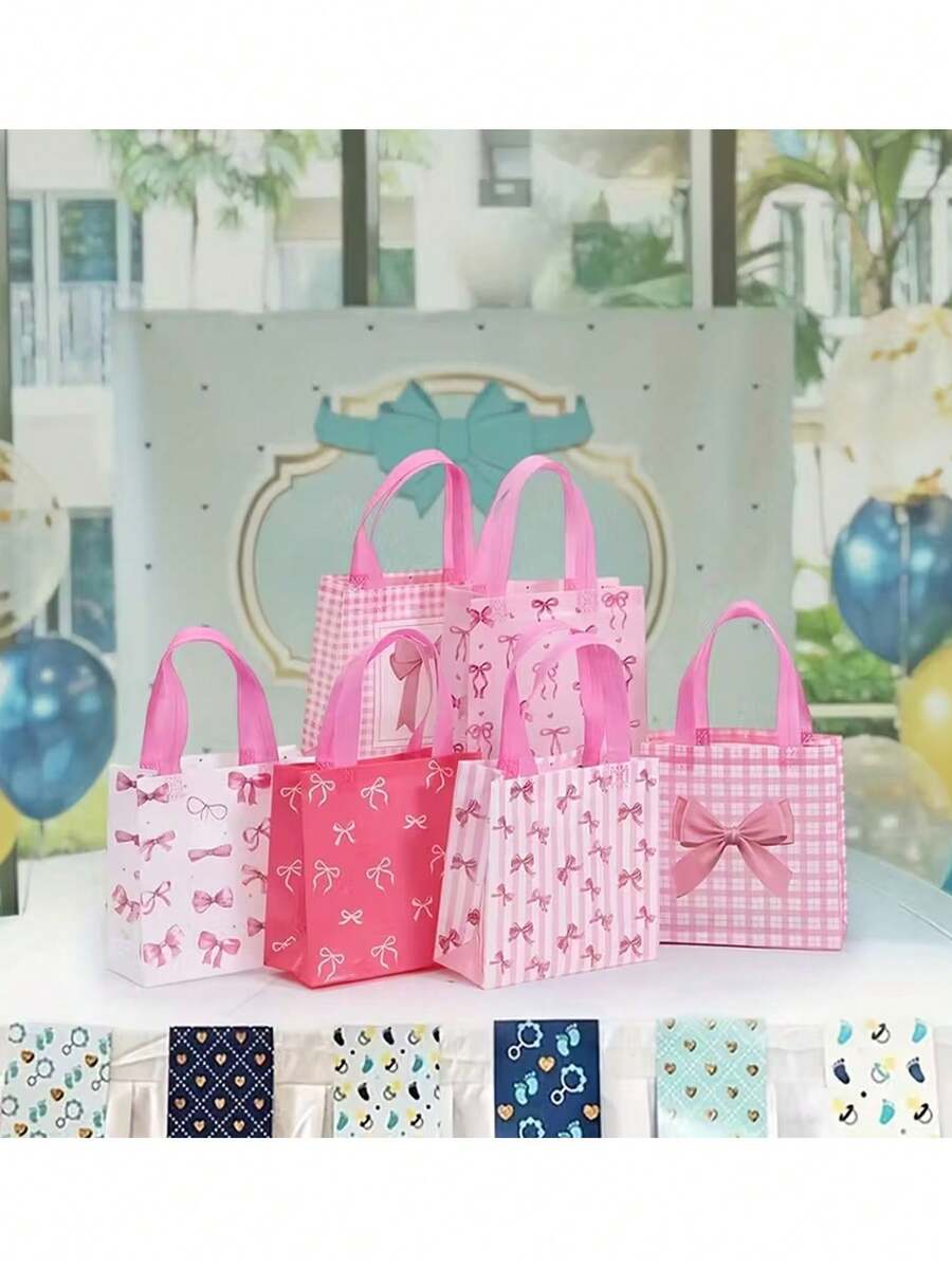 4个粉色蝴蝶结礼品袋 - 可重复使用的无纺布袋，带提手，适合新娘、订婚、女士、生日派对礼物和庆祝活动、伴娘礼物、庆典礼品袋，设计亮丽，提手结实。 - 多款 - 查看 1