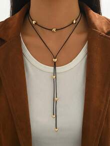 1pc Minimalist Retro Black Cord With Metal Ball Multilayer Y-Necklace, Suitable For Daily Wear, Party, And Vacation - Golden Heart - View 1