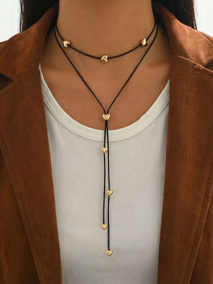 1pc Minimalist Retro Black Cord With Metal Ball Multilayer Y-Necklace, Suitable For Daily Wear, Party, And Vacation - Golden Heart - View 1