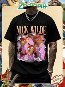 Disney Official Licensed Zootopia Nick Wilde Purple Multi-Form Collage Print 220g Cotton Crew Neck Unisex Tee - màu đen - Xem 1