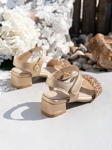 Sandalias de tacón de bloque con brillo y strass para niñas - Champán - Ver 5