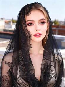 1pc Bridal Lace Veil With Floral Edge, Hollow Out Shoulder Cape - Black - View 5