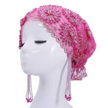 1pcs Turban Hat - 3D Flower & Rhinestone Decoration, Multi-Color Options, Wide Wrap Design Ideal For Parties/Daily Wear, Luxury Retro Style Women's Hat - 流蘇-粉紅 - 查看 11