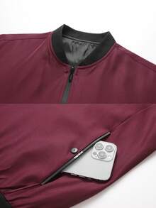 Men's Stand Collar Zip-Up Baseball Jacket, Bomber Jacket Sports - Burgundy - View 4