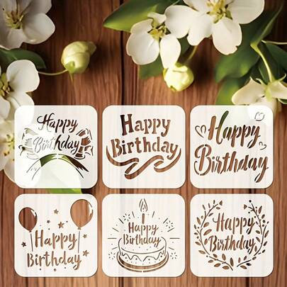 6张生日快乐涂鸦艺术模板 | 5.9x5.9英寸丝带气球模板，可用于制作贺卡、装饰品、工艺品，可重复使用，高品质涤纶材质