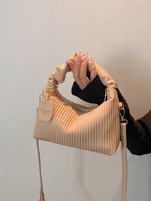 Bolso de mano minimalista y de moda con cremallera, conjunto completo de pliegues tejidos de PU, bolso de hombro mini portátil adecuado para mujeres, compras, citas, fiestas, regalo - Caqui - Ver 5