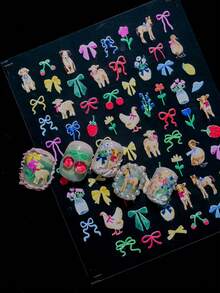1 Sheet Macaron Cute Girl Nail Art Stickers, Featuring Teddy Bear, Rabbit, Duck, Pony And Other Adorable Animals, Paired With Macaron Colors, Bows, Strawberries, Floral Bouquets, Baby Bottles, Candies, Healing Soft And Sweet, Fresh Style, Perfect For Casual, Campus, Girlfriend Dates, Theme Parties - Multicolor - View 7