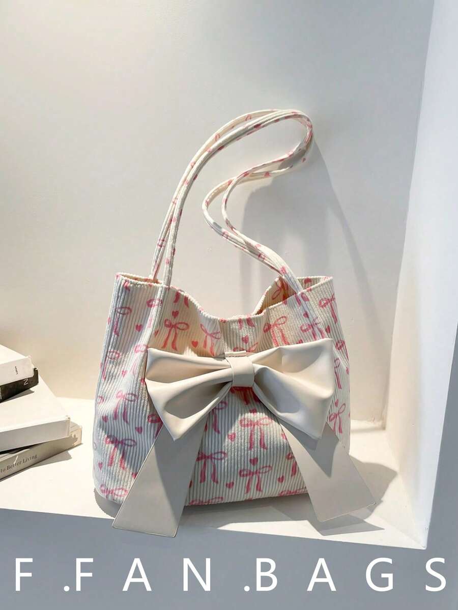 Solid Color PU Leather Bow Decor Lightweight Fashionable Women's Large Capacity Shoulder Bag, Elegant Lady Handbag - White - View 1