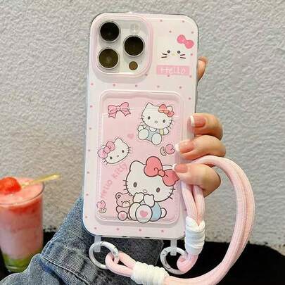 SANRIO 1个粉色卡通波点Hello Kitty蝴蝶结卡包全包3D手机壳，带腕带，适用于 11/12/13/14/15/16/17/PROMAX