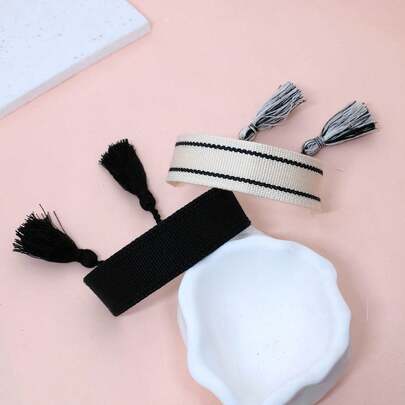 2pcs/Set Retro Minimalist Handmade Woven Bracelet, Bohemian Casual Tassel Friendship Bracelet, Suitable For Party, Travel, Music Festival Wear