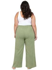 Women's Plus Size Boho Casual Wide-Leg Pants With Drawstring Pockets For Everyday Wear - Green - View 2