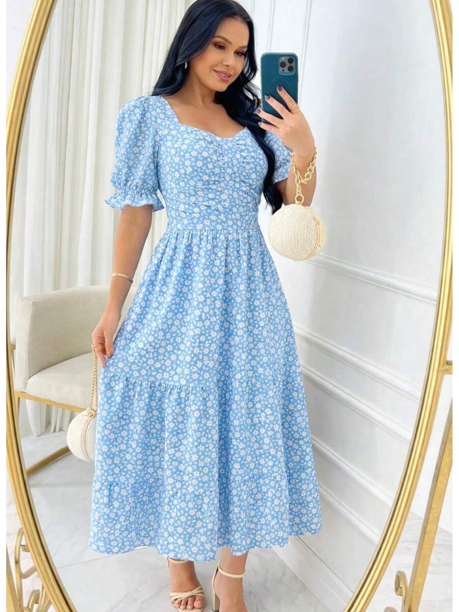 Women's Elegant Puff Sleeves Casual Party Midi Dress - Blue Sky - View 1