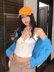 Casual Versatile Korean Style V-Neck Lace Trim Women Tank Tops Summer - Apricot - View 4