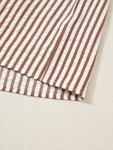 Acelitt Brown Striped & Leopard Print V-Neck Button Casual Short Sleeve Shirt, Spring/Summer - Multicolor - View 9