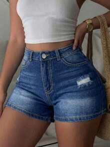 性感破洞女式牛仔短裤做旧亚麻夏季街头时尚叠层破洞牛仔裤 - 藍色 - 查看 1