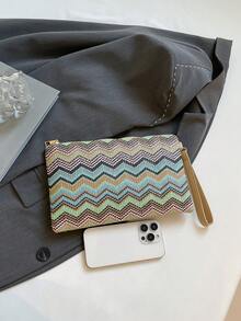 New Fashionable Spring/Summer Handheld File Folder Envelope Clutch, Casual Color Block Wavy Pattern Multi-Purpose Woven Colorful Envelope Bag For Women - Blue - View 7