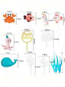 12件/套或1件海洋主题蛋糕装饰插签，包含小鱼、螃蟹、海马、章鱼、鲸鱼和其他海洋生物、海藻造型，金色“生日快乐”字样，亚克力材质，适用于主题派对蛋糕和生日蛋糕。 - 多色 - 查看 2