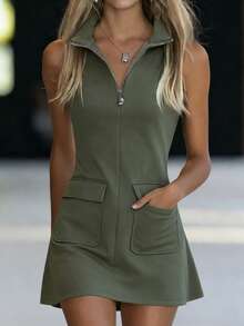 Đầm mùa hè tiện dụng có túi, đầm không tay cổ đứng khóa kéo thanh lịch - xanh quân đội - Xem 4