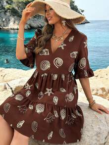 Vestido de verano con estampado total, cuello en V, hombros con volantes y cinta tejida elegante - Café - Ver 1