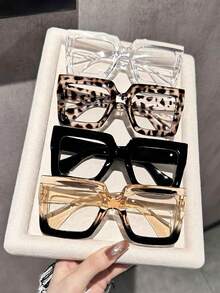 1/4 Pair Women's Geometric Pattern Large Frame Transparent Windproof Plastic Glasses Set, Modern Minimalist Multi-Functional, Suitable For School, Street Photography, Decoration - Transparent - View 12