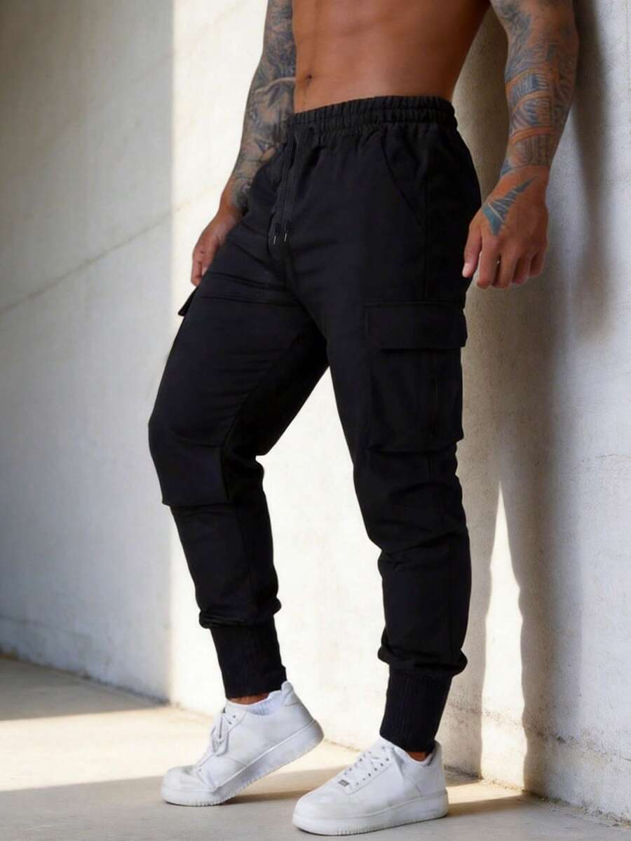 Men's Lightweight Casual Drawstring Cargo Pants, Fashion Sports Minimalist Trousers For Summer - Black - View 1