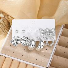 Set de 12 piezas de aretes en forma de C con diamantes de imitación y perlas 2026, diseño de lujo minimalista y único, adecuado para uso diario - Plateado - Ver 5