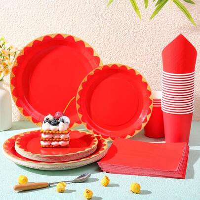 Red & Gold Rim Disposable Tableware Set, Includes 7/9 Inch Paper Plates, Paper Cups, Paper Napkins, Suitable For Birthday Party, Holiday Party, Gathering, Celebration, Wedding Tea Party, Graduation Ceremony Disposable Party Supplies