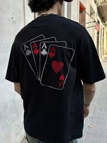 Áo thun nam tay ngắn dáng rộng phong cách đường phố rock rap Fractyr | Họa tiết in chuyển nhiệt hình quân bài Poker | Thiết kế tinh tế | Món đồ thiết yếu cho mùa xuân/hè | Đa năng và dễ mặc | Món quà tuyệt vời cho bạn bè | Thể hiện phong cách cá nhân - màu đen - Xem 3