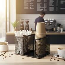 1pc 3-Tier Metal Grid Coffee Station Storage Rack, Modern Black Cup & Lid Holder, Multi-Function Coffee Capsule & Sugar Bag Organizer Suitable For Office, Lounge, Kitchen Countertop - Multicolor - View 1