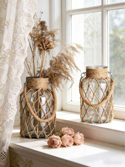 1pc Creative Vintage Handmade Woven Mesh Net Bag & Transparent Glass Vase For Home Decoration, Flower Arrangement & Hydroponic Planting,Home Decor,Flower Vase,Centerpiece,Table Decor Gifts Birthday Graduation Room Decor