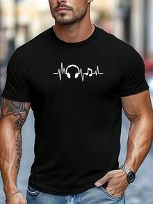 Men's Graphic Music T-Shirt, Navy Blue, With Headphone Rhythm Design, Lightweight Summer T-Shirt, Suitable For DJs, Producers And Other Casual Users: Breathable Crew Neck, Exclusive Producer Clothing, Comfortable And Perfect Fit. - 黑色 - 查看 1