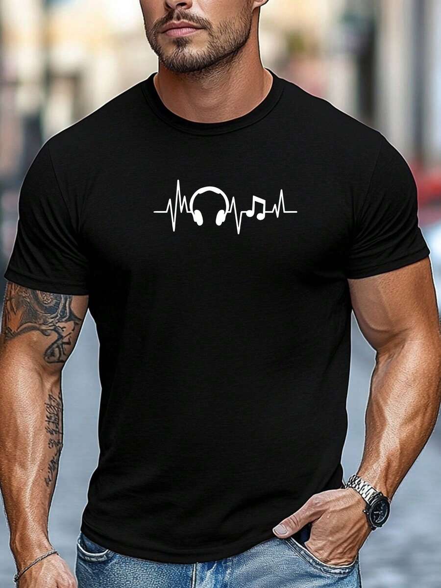 Men's Graphic Music T-Shirt, Navy Blue, With Headphone Rhythm Design, Lightweight Summer T-Shirt, Suitable For DJs, Producers And Other Casual Users: Breathable Crew Neck, Exclusive Producer Clothing, Comfortable And Perfect Fit. - 黑色 - 查看 1