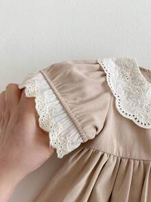 Toddler Girls' Loose Fit Hollow Out Peter Pan Collar Short Sleeve Dress, Spring/Autumn, Runs Slightly Large - Khaki - View 8