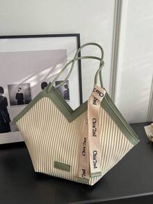 New Fashionable Multi-Function Contrast Color Design, Striped Design, Large Capacity Dual Handle Shoulder Bag And Handbag, Suitable For Travel, Shopping And Commuting, Decorated With Scarf Pattern, Elegant Ladies Wallet, Business Commuter Wallet - Green - View 5