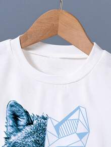 Tween Boy Wolf Print Round Neck Short Sleeve T-Shirt And Shorts Casual Daily Outfit Set - White - View 3