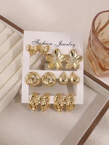 10pcs Fashionable Metallic Flower & Bow Earring Set, Women's Stylish Earring Jewelry Set, Lightweight CCB Material For Daily Wear - Gold - View 4
