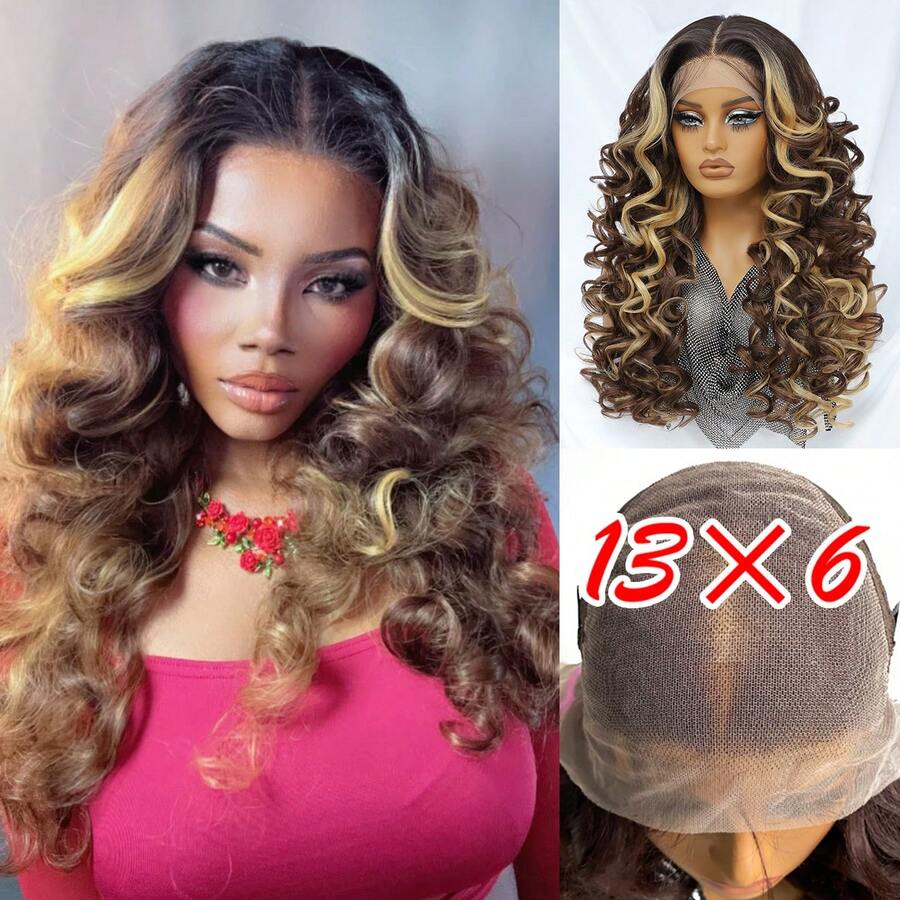 Tóc giả Latisha 13*6 HD Synthetic Lace Front Wigs kiểu xoăn, đã tỉa sẵn, có mái, dành cho nữ, điểm nhấn là tóc con, dài 24 inch.