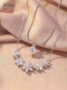 Hihho 2pcs Set Cubic Zirconia Flower Layered Necklace, Silver Plated Luxury Minimalist Design Collarbones Chain Set, Featuring Arched Floral Collarbones Chain With Scattered Cubic Zirconia Stones And Simple Snake Chain With Round Pendant - Necklace Set - View 7