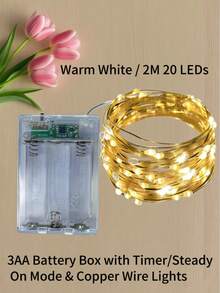 一套带定时器和常亮模式的LED仙女灯串，电池盒供电，可选2米/3米/4米/5米长度，20/30/40/50颗LED灯珠，浪漫温馨的装饰灯，适用于生日派对、婚礼、节日、圣诞节、家居、卧室、花园、室内外等各种场合，美观大方。 - 暖白色 - 查看 9