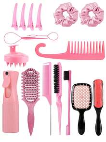 17pcs Hair Styling Tool Set, Includes High Pressure Spray Bottle, Sleep Cap, Curling Brush Set, 9-Tooth Comb, Wide-Tooth Comb, Double-Sided Comb, Styling Comb, Pointed Tail Comb, Rat-Tail Comb, Edge Brush, Massage Brush - Pink - View 1
