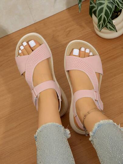 Summer New Girls Sweet & Cool Open Toe Sports Sandals, Cross Strap Thick Sole Shoes, Pink & White Non-Slip Durable Soft Breathable No Rub, Daily Wear Indoor Outdoor Street Necessary, Lightweight Easy On/Off Personalized Hollow Design Teenage Peep Toe Slides Casual Shoes, Multi-Scenario Portable Sweet & Cool Sports Slippers
