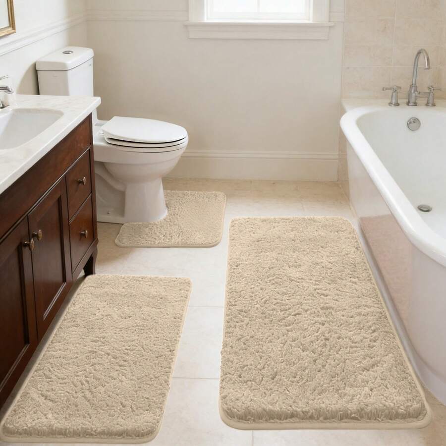 3-Piece Memory Foam Bathroom Rug Set, Ultra Plush Shaggy Bath Mat With Non-Slip Backing, Super Absorbent & Quick-Dry Microfiber Bathroom Floor Mats For Tub, Sink & Toilet, Machine Washable Bath Rugs - Khaki - 查看 1
