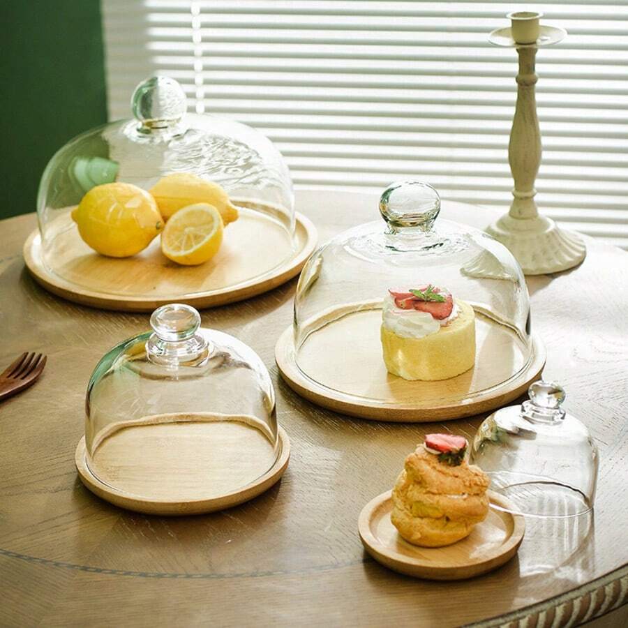2/4 Inch Round Wooden Cake Stand With Glass Cover - Perfect Display Stand For Cakes, Breads And Pastries - Suitable For Restaurants And Home Kitchens - Natural Wooden Base Adds Warmth To Any Setting - Multicolor - View 1