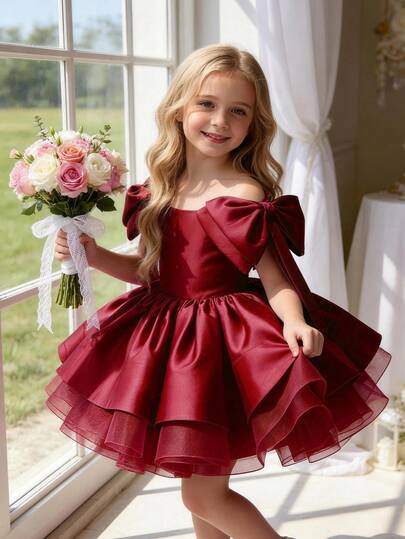 Vestido elegante de tul con lazo burdeos para fiesta de Navidad, vestido de princesa adecuado para fiesta de cumpleaños de niñas, dama de honor en boda, baile de graduación, Acción de Gracias