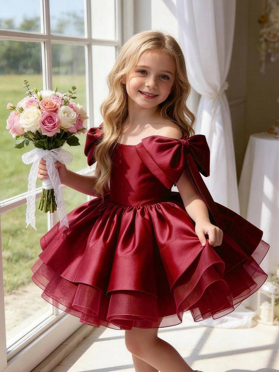 酒红色蝴蝶结薄纱圣诞派对优雅礼服，公主裙，适合女孩生日派对、婚礼花童、舞会、感恩节、毕业典礼等场合。 - 酒紅色 - 查看 1