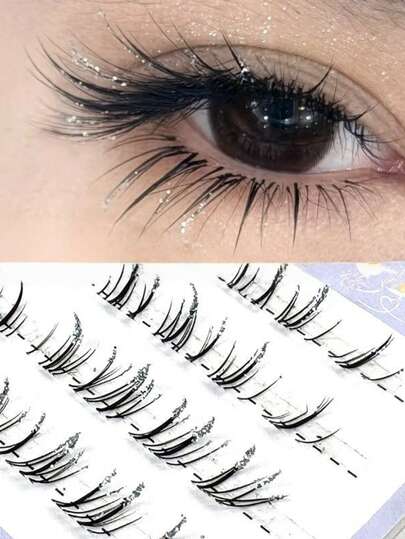 Pestañas de Navidad con brillo, bigotes de gato y cristales, naturales y esponjosas, en racimos individuales, con brillo, de dibujos animados, portátiles para maquillaje diario, que agrandar los ojos, reutilizables, adecuadas para fiestas y uso diario