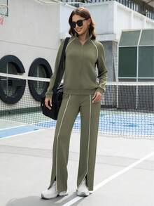 Women's 2 Piece Sweat Outfits Casual Lounge Zip Up Sweatshirt Wide Leg Jogging Pants Striped Track Suit Set - Olive Green - View 1