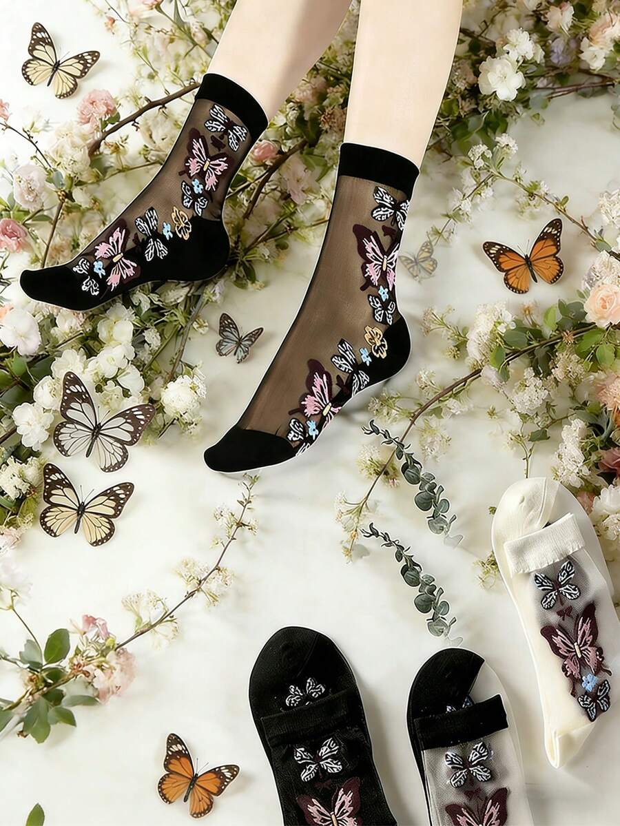 3 Pairs Women's Crystal Silk Mid-Calf Socks, Creative Butterfly Pattern Design, Fashionable, Breathable, Moisture-Wicking, Suitable For Daily Wear, Holidays, Gifts - Multicolor - View 1